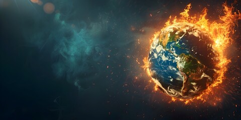 The Earth Globe Engulfed in a Fiery Ring of Industrial Icons a Visual Metaphor for the Climate Crisis Fueled by Unsustainable Sectors - obrazy, fototapety, plakaty