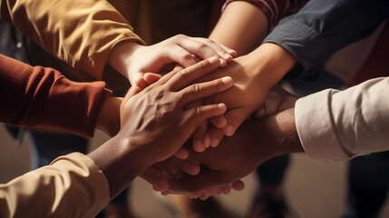 Success in partnerships often hinges on the support and teamwork of each person's hand, binding together friendships within the group to achieve common goals. Concept of business teamwork. - obrazy, fototapety, plakaty