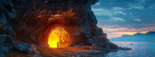 Torch-lit cave entrance, person standing before it, dusk, wide shot, initiation rites beginning, ancient mystery, solemn air