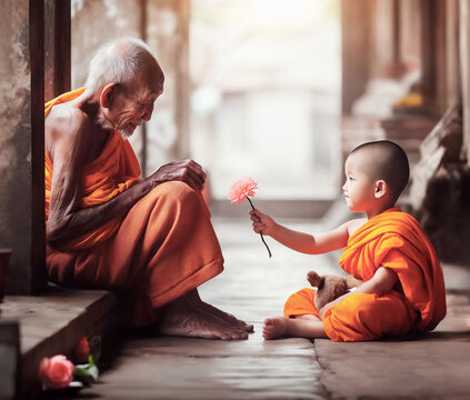 Lovely buddhist kid giving a flower to an old monk. Digital art.