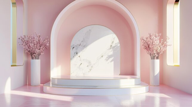 Gold, marble, and pink podium backdrop for product display. 3d render.