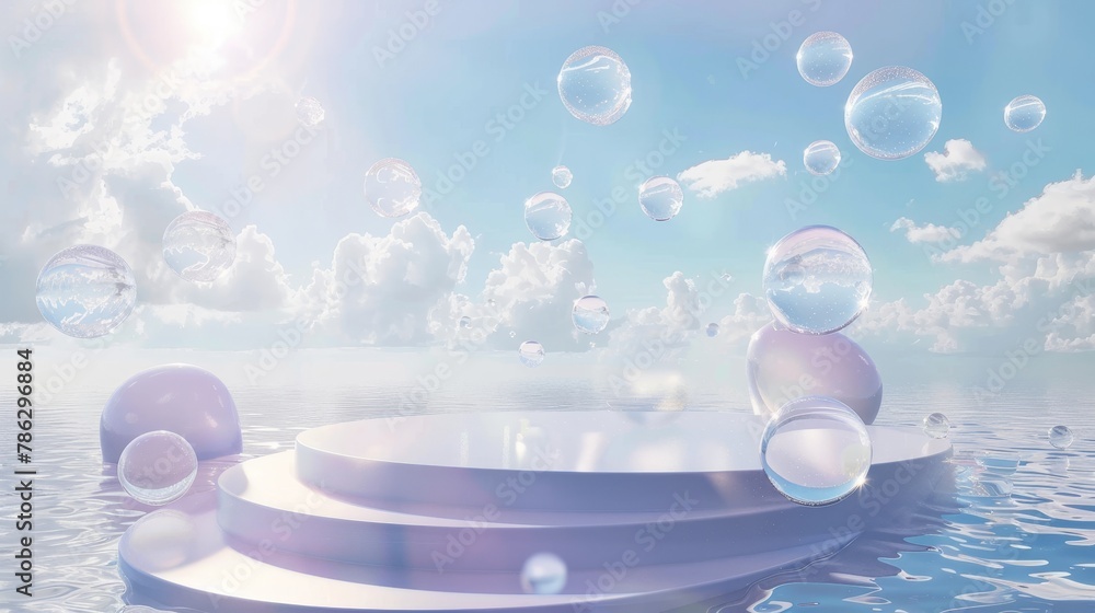 Poster beautiful podium backdrop with bubbles for showcasing cosmetic products. abstract seascape backgroun