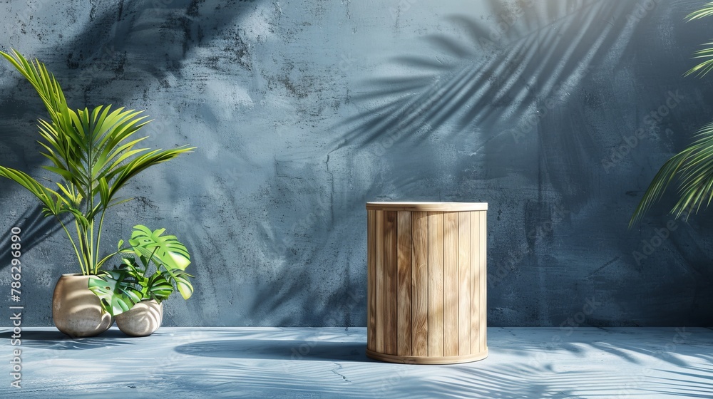 Poster a natural empty wood cylinder box on a blue concrete floor with tropical palm leaves. this image wou