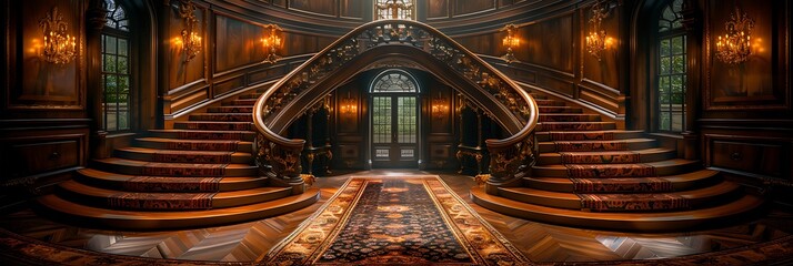 Luxurious Ascent: Elegant Spiral Staircase in Grand Mansion Adorned with Opulent Carpets and Ornate Banisters
