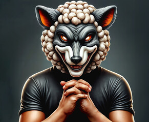 Evil wolf with sheep's skin planning something malicious. Digital illustration. - obrazy, fototapety, plakaty