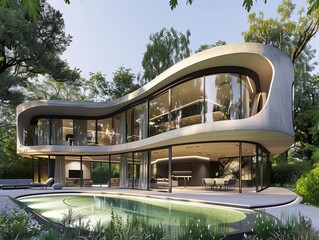 Modern house with pool, surrounded by trees, in backyard