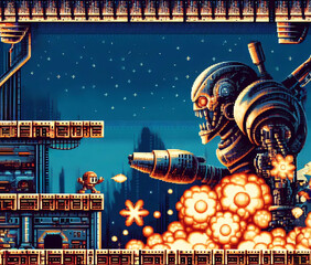 Retro platform video game with a tiny robot defeating the final boss.