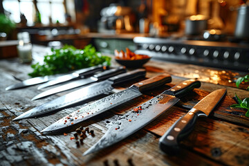 Chef's Culinary Tools: Close-up of knives on wooden surface of rustic kitchen table.