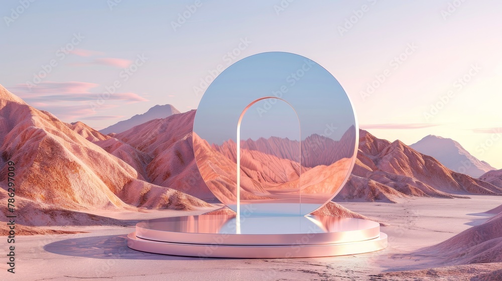 Poster 3d render of abstract desert background with mirror podium backdrop.
