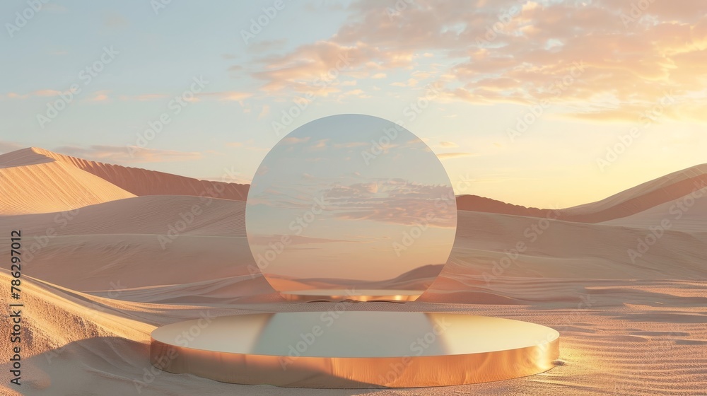 Poster desert background with mirrored podium backdrop. the image is rendered in 3d.