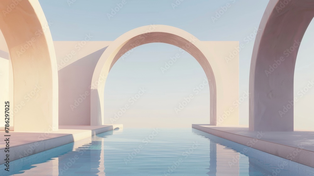 Fototapete 3D landscape background with geometric forms and a pool in natural daylight. Abstract scene with geometric shapes, arch, and swimming pool.
