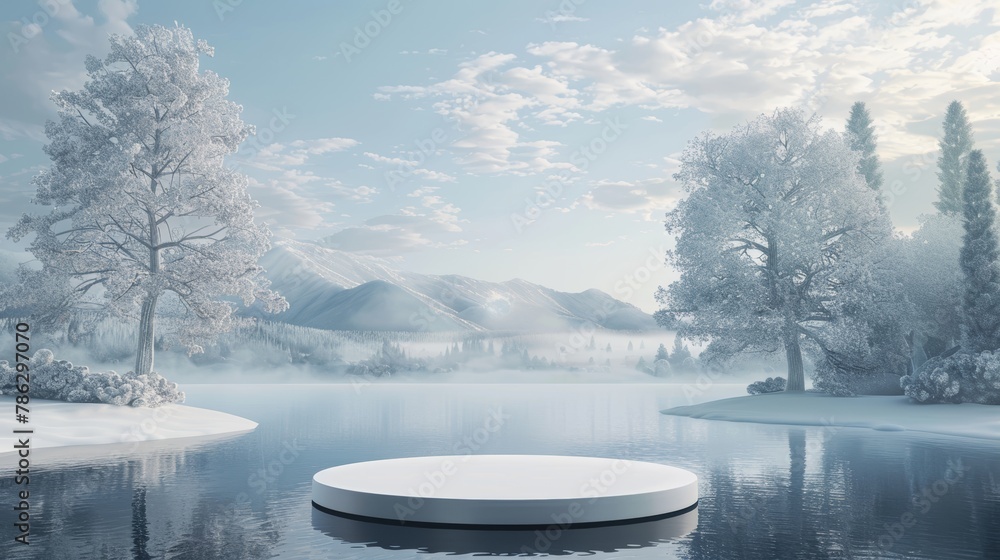 Leinwandbilder the scene is abstract and has a podium in the foreground and a lake behind it. minimal 3d landscape 