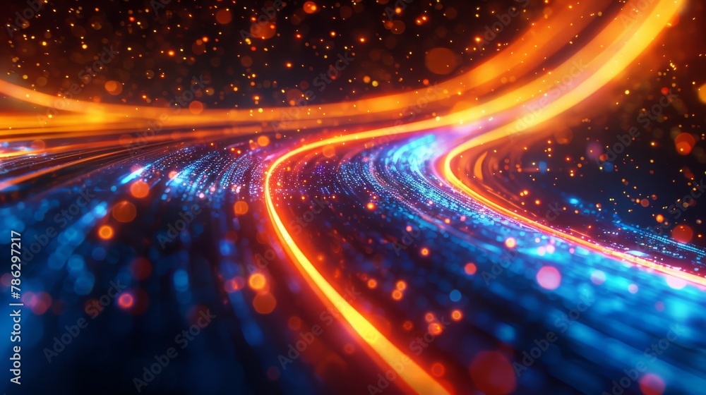 Poster The neon neon stream is a high tech abstract curve background. There is a striped creative texture, which provides a striped pattern of light in motion. This illustration is in 3D.