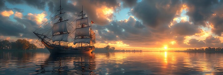 An old, weathered wooden sailing ship anchored in a tranquil bay at sunset, its sails lowered - obrazy, fototapety, plakaty