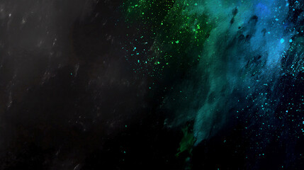 Black grunge background with blue and green pain splashes with grainy dust and scratches