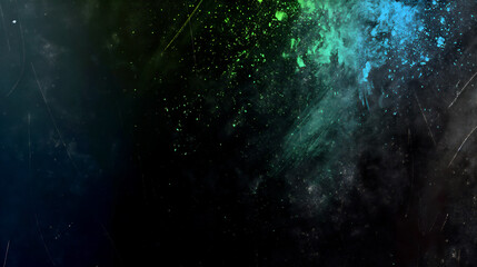 Black grunge background with blue and green pain splashes with grainy dust and scratches