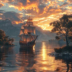 An old, weathered wooden sailing ship anchored in a tranquil bay at sunset, its sails lowered - obrazy, fototapety, plakaty