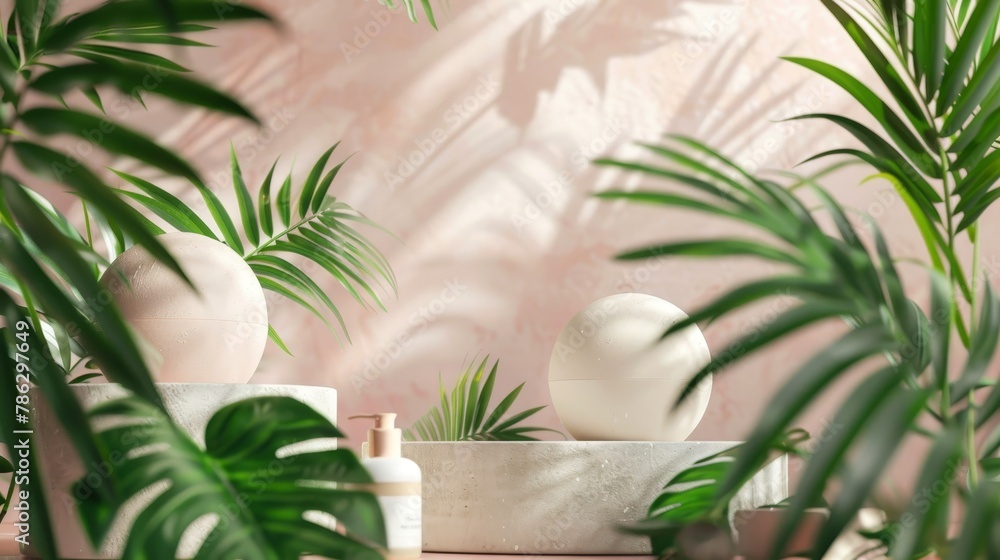 Poster backdrop for cosmetic product display with tropical palm leaves. 3d render......