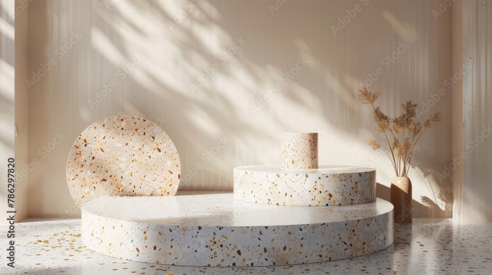 Poster this 3d rendering shows a natural beauty podium backdrop with terrazzo texture.