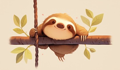 Fototapeta premium cute sloth hanging on a tree branch against a brown background. 