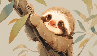 Obraz premium cute sloth hanging on a tree branch against a brown background. 