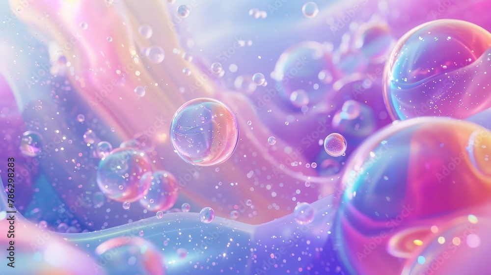 Poster floating holographic liquid blobs, soap bubbles, metaballs... abstract art background.