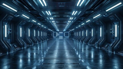In an empty dark room, there is a futuristic sci-fi background. 3D illustration.