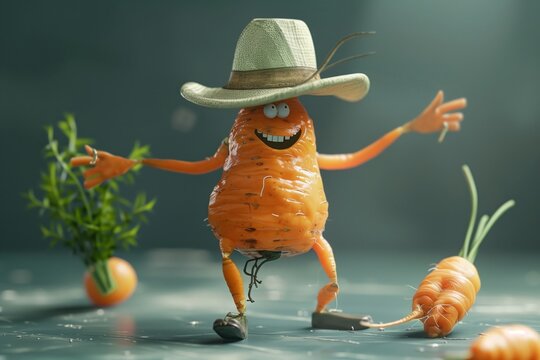 cartoon carrots with legs and arms walking in the garden