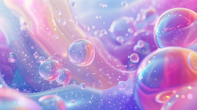 Floating holographic liquid blobs, soap bubbles, metaballs... abstract art background.