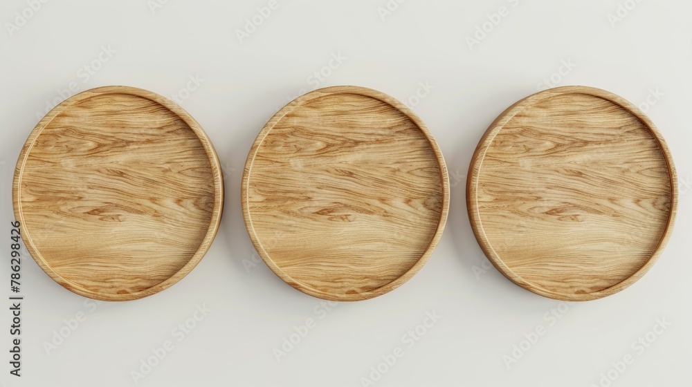 Poster Flat lay with top view of empty round wood suitable for displaying products. 3D rendering.