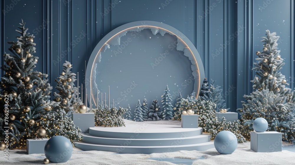 Poster 3d render of christmas podium backdrop for product display.