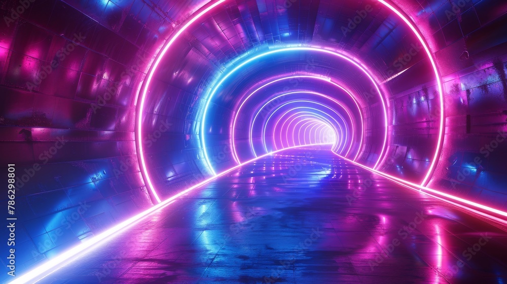 Poster an abstract neon background with laser neon lines moving along a circular dark geometry. a blue purp