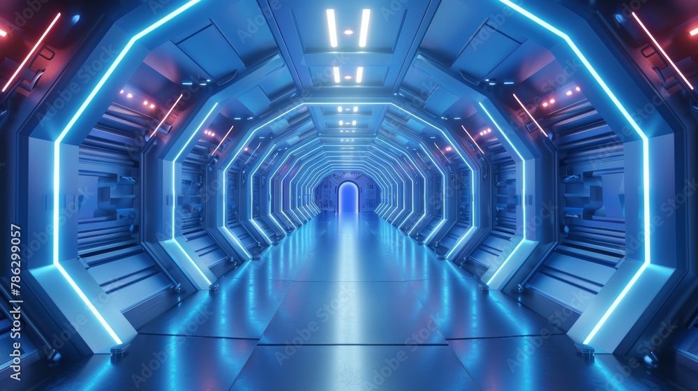 Poster A futuristic design sci-fi spaceship interior. 3D rendering of abstract interior sci-fi spaceship corridors.