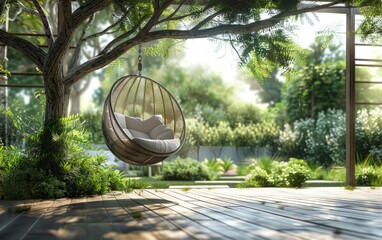An art piece featuring a hanging chair from a tree in a natural landscape