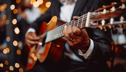 Obraz premium Elderly man in formal attire playing acoustic guitar in a traditional live music performance