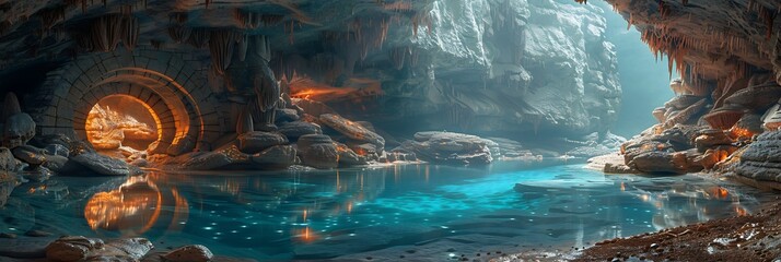 An underground cave filled with glowing bioluminescent mushrooms and crystal-clear pools of water - obrazy, fototapety, plakaty