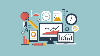 Business, illustration and desktop or charts with graphs statistics or tasks, blue background or trading. Stock market, website and data research or investment algorithm for save, economy or finance