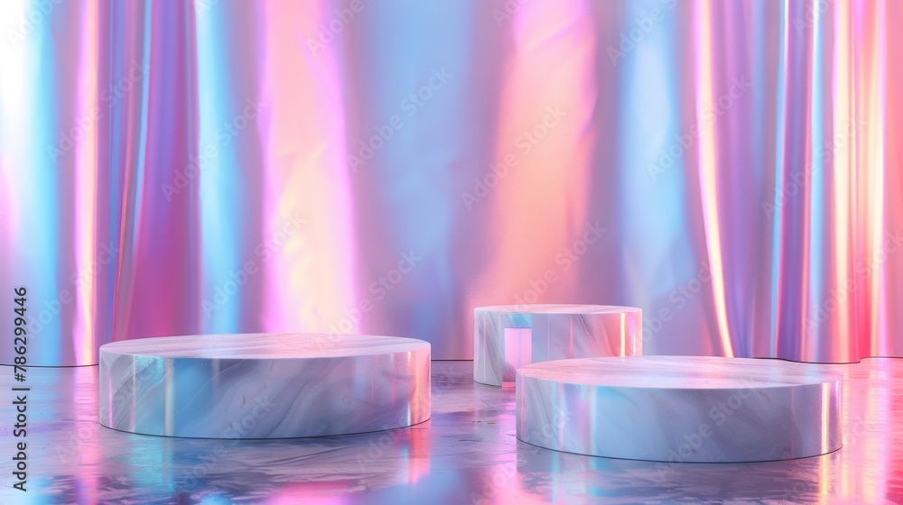 Poster luxury podium backdrop featuring an iridescent holographic texture. this is a 3d render of the backg