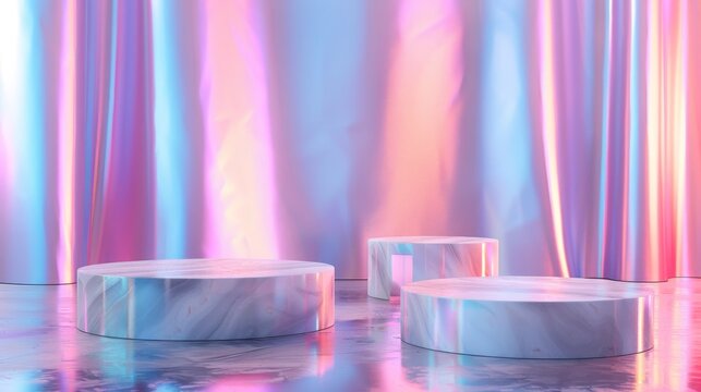 Luxury podium backdrop featuring an iridescent holographic texture. This is a 3D render of the background.