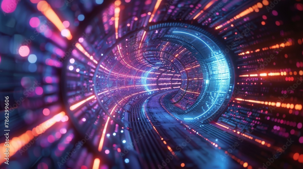 Aufkleber The neon lights are abstracted into a digital technology tunnel. Futuristic technology abstract background with lines for network, big data, data center, server, internet, speed. 3D rendering.