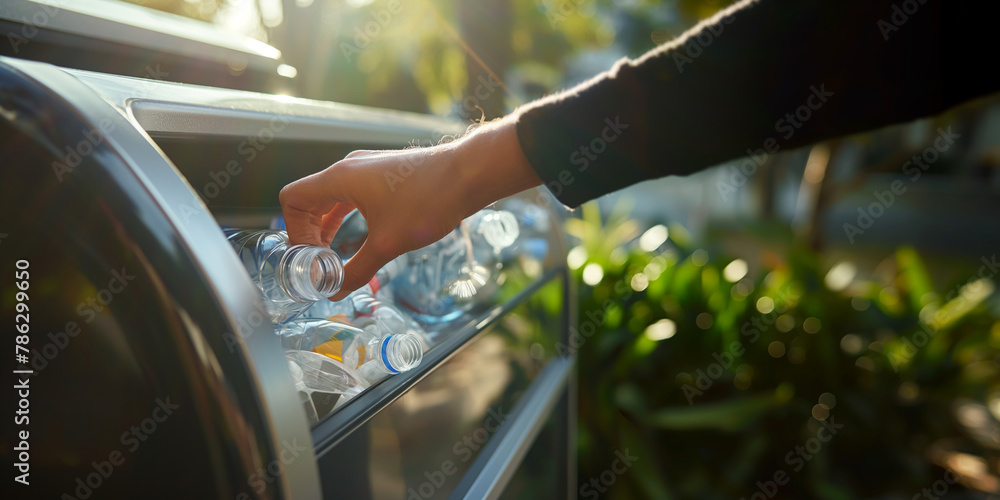 Poster close-up of a hand placing a plastic bottle into a smart recycling bin that automatically sorts and 