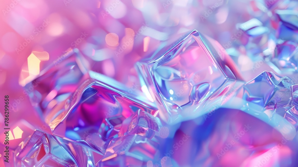 Poster background with geometric crystals and iridescent texture. 3d render.
