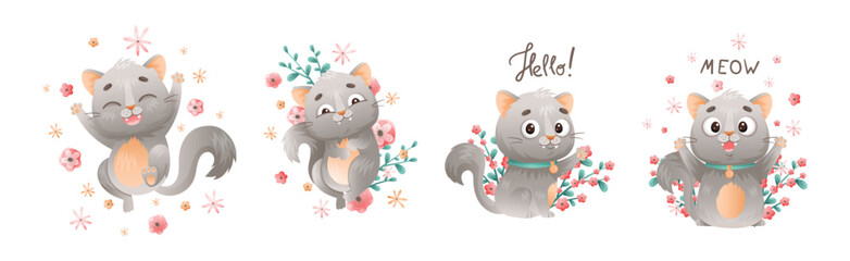 Cute Grey Kitten with Pretty Snout with Flowers Vector Set