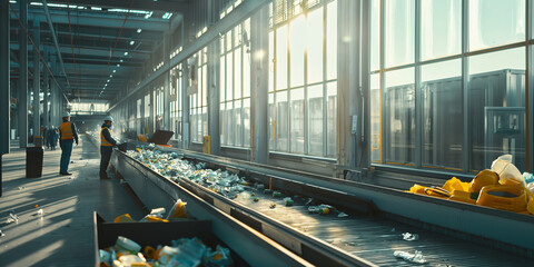A modern recycling facility sorting different types of materials on a conveyor belt, with workers monitoring the process. The large windows allow natural light to illuminate the re