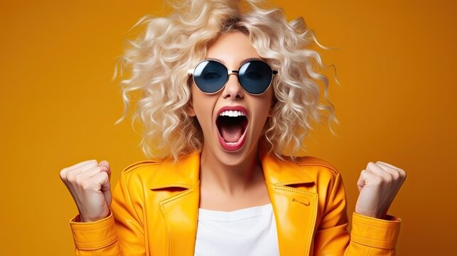 Ecstatic woman shout loud yeah fist up raise win lottery isolated bright shine color background