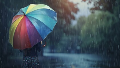 Person holding a bright multicolored umbrella standing under rain amidst the tranquility of an autumn day.