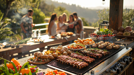 Friends gathered around a patio BBQ grill. The grill overflows with an assortment of delicious burgers, ribs bursting with flavor, and an array of baked potatoes.	