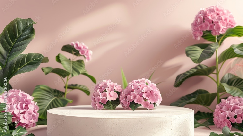 Poster hydrangea flower backdrop for product display on natural beauty podium. 3d render.