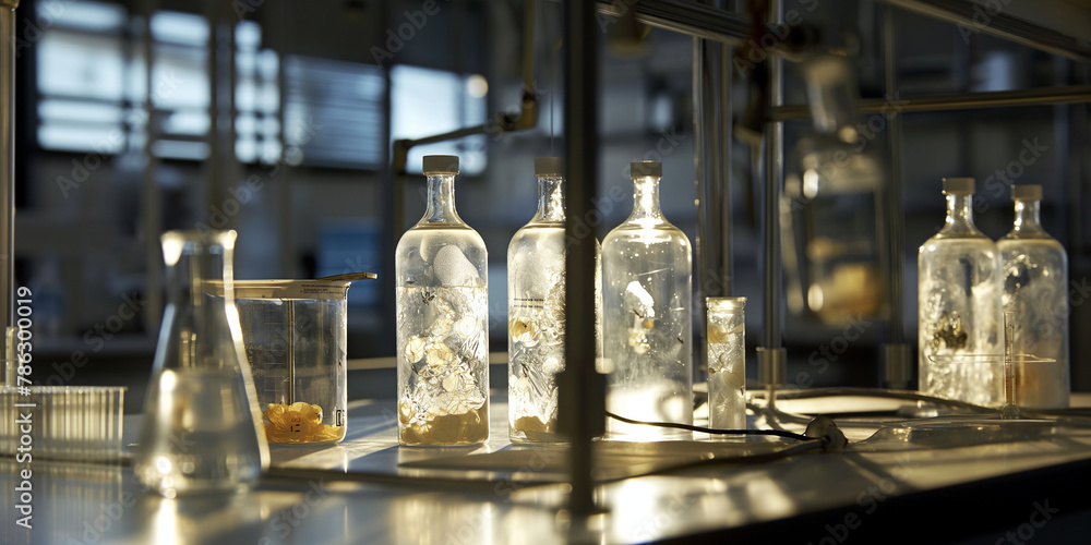 Poster engineers developing biodegradable packaging materials in a lab, testing the strength and durability