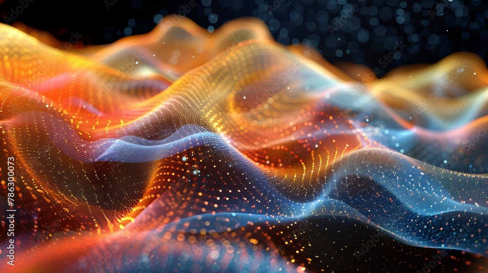 Poster An abstract wave with moving dots. Motion of particles. Cyber technology illustration. Realistic rendering in 3D.